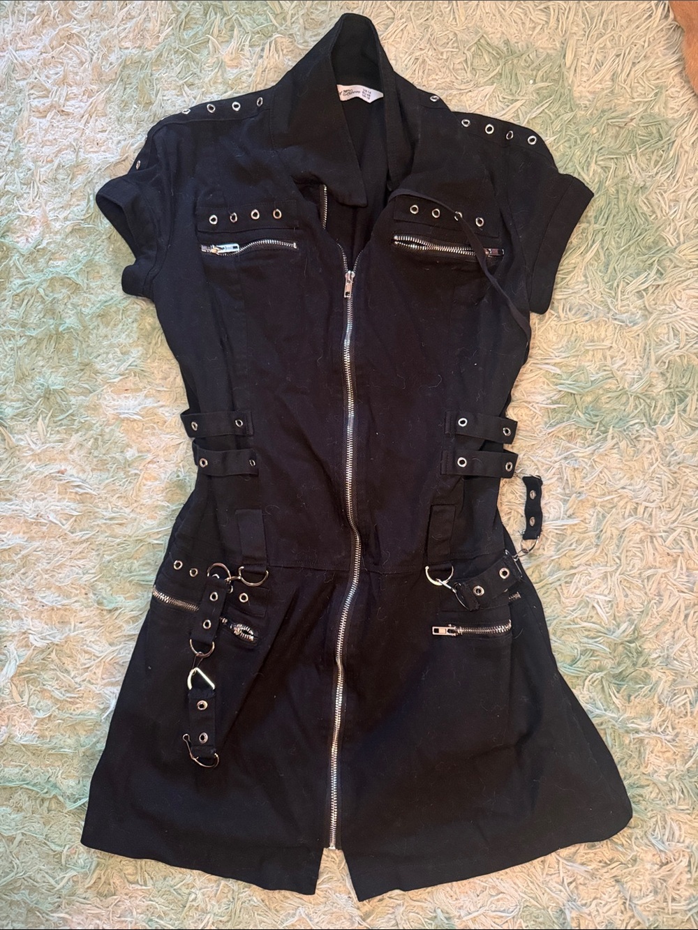 Black Short-Sleeve Zip Front Mini Dress with Grommet & Buckle Details